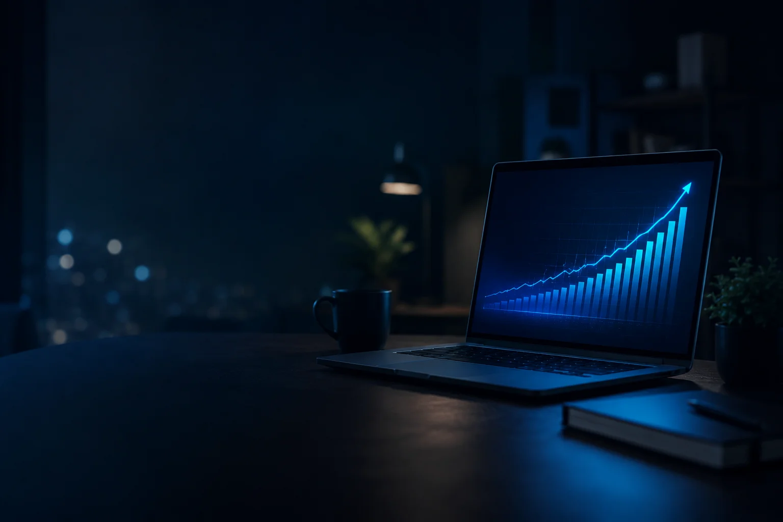 Data driven marketing results shown as a rising growth chart on a laptop
